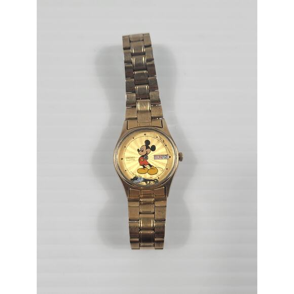 Vintage Disney Mickey Mouse Sunburst Gold Tone Day Date Womens Watch FOR‎ PARTS - Picture 1 of 7